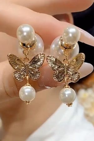 Light Luxury High-End Micro-Inlaid Butterfly Pearl Drop Earrings - Trendy Autumn Winter Fashion Niche Design Ear Accessories