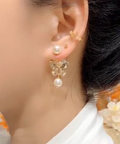 Light Luxury High-End Micro-Inlaid Butterfly Pearl Drop Earrings - Trendy Autumn Winter Fashion Niche Design Ear Accessories
