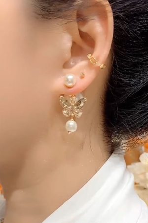Light Luxury High-End Micro-Inlaid Butterfly Pearl Drop Earrings - Trendy Autumn Winter Fashion Niche Design Ear Accessories