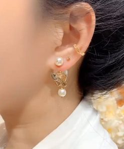 Light Luxury High-End Micro-Inlaid Butterfly Pearl Drop Earrings - Trendy Autumn Winter Fashion Niche Design Ear Accessories