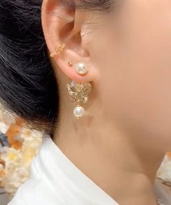 Light Luxury High-End Micro-Inlaid Butterfly Pearl Drop Earrings - Trendy Autumn Winter Fashion Niche Design Ear Accessories