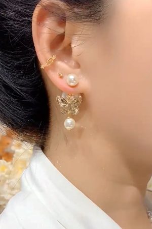 Light Luxury High-End Micro-Inlaid Butterfly Pearl Drop Earrings - Trendy Autumn Winter Fashion Niche Design Ear Accessories