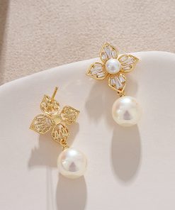 Light Luxury Zircon Lily Flower Stud Earrings with Colorful Faux Pearl Pendant - French Aristocratic Style Ear Drops