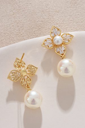 Light Luxury Zircon Lily Flower Stud Earrings with Colorful Faux Pearl Pendant - French Aristocratic Style Ear Drops