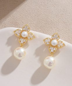 Light Luxury Zircon Lily Flower Stud Earrings with Colorful Faux Pearl Pendant - French Aristocratic Style Ear Drops