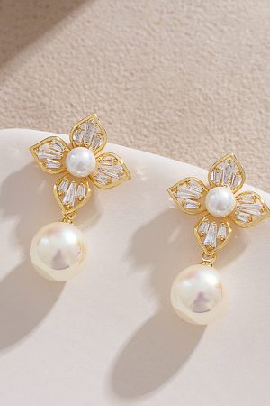 Light Luxury Zircon Lily Flower Stud Earrings with Colorful Faux Pearl Pendant - French Aristocratic Style Ear Drops