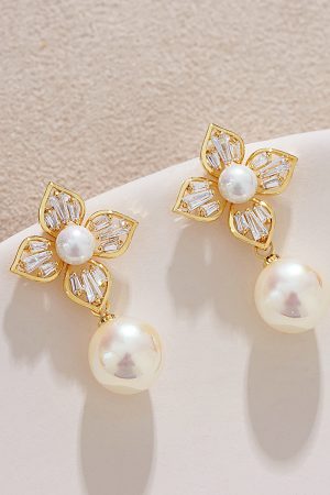 Light Luxury Zircon Lily Flower Stud Earrings with Colorful Faux Pearl Pendant - French Aristocratic Style Ear Drops
