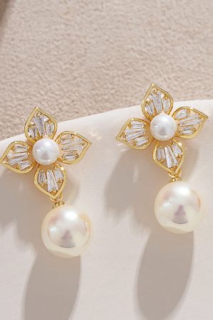 Light Luxury Zircon Lily Flower Stud Earrings with Colorful Faux Pearl Pendant - French Aristocratic Style Ear Drops