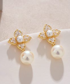 Light Luxury Zircon Lily Flower Stud Earrings with Colorful Faux Pearl Pendant - French Aristocratic Style Ear Drops