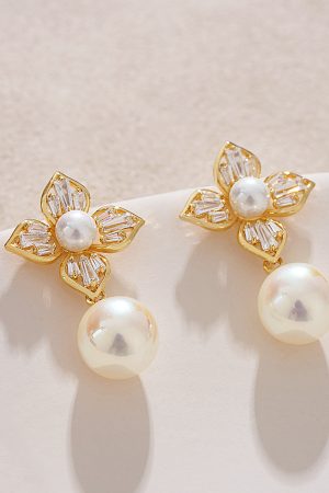 Light Luxury Zircon Lily Flower Stud Earrings with Colorful Faux Pearl Pendant - French Aristocratic Style Ear Drops