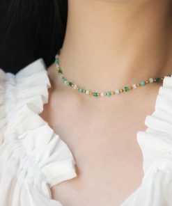 Light Mint Green Crystal Bead Gold-Plated Clavicle Necklace - French Style Natural Elegant Jewelry
