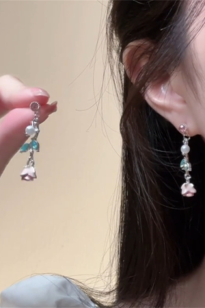 Light Pink Rose Flower Tassel Stud Earrings for Women, Summer Niche Design, Sweet Floral Ear Accessories