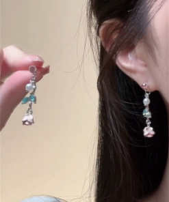 Light Pink Rose Flower Tassel Stud Earrings for Women, Summer Niche Design, Sweet Floral Ear Accessories