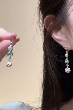Light Pink Rose Flower Tassel Stud Earrings for Women, Summer Niche Design, Sweet Floral Ear Accessories