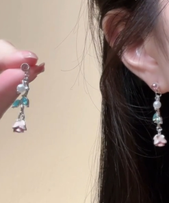 Light Pink Rose Flower Tassel Stud Earrings for Women, Summer Niche Design, Sweet Floral Ear Accessories