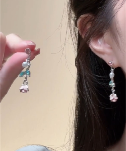 Light Pink Rose Flower Tassel Stud Earrings for Women, Summer Niche Design, Sweet Floral Ear Accessories