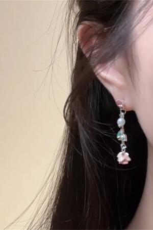 Light Pink Rose Flower Tassel Stud Earrings for Women, Summer Niche Design, Sweet Floral Ear Accessories
