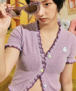 Light Purple Heart Button Trimmed Cardigan - Cute Knitwear, Y2K Style, Cozy Layering Piece for Fashionable Outfits