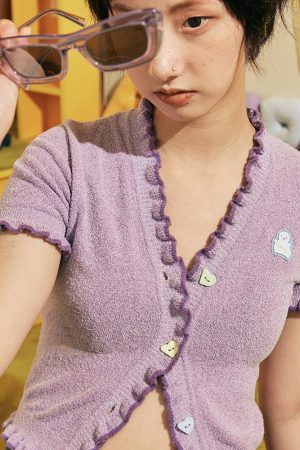 Light Purple Heart Button Trimmed Cardigan - Cute Knitwear, Y2K Style, Cozy Layering Piece for Fashionable Outfits