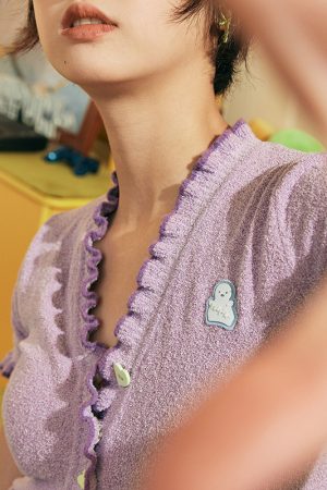 Light Purple Heart Button Trimmed Cardigan - Cute Knitwear, Y2K Style, Cozy Layering Piece for Fashionable Outfits