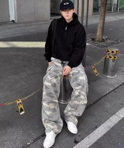 Light Yellow Camouflage Work Pants for Men - Casual Straight-Leg Wide-Leg Trousers, Spring Autumn American Streetwear Fashion