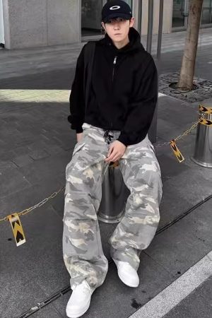 Light Yellow Camouflage Work Pants for Men - Casual Straight-Leg Wide-Leg Trousers, Spring Autumn American Streetwear Fashion