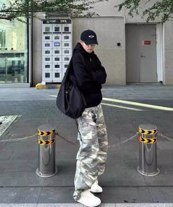 Light Yellow Camouflage Work Pants for Men - Casual Straight-Leg Wide-Leg Trousers, Spring Autumn American Streetwear Fashion