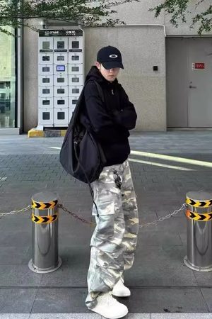 Light Yellow Camouflage Work Pants for Men - Casual Straight-Leg Wide-Leg Trousers, Spring Autumn American Streetwear Fashion