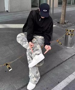 Light Yellow Camouflage Work Pants for Men - Casual Straight-Leg Wide-Leg Trousers, Spring Autumn American Streetwear Fashion