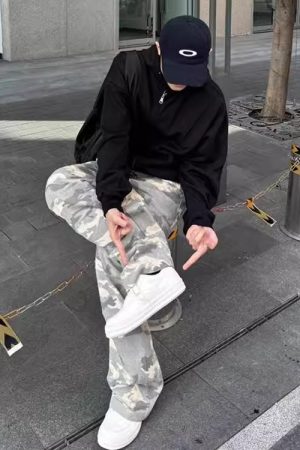 Light Yellow Camouflage Work Pants for Men - Casual Straight-Leg Wide-Leg Trousers, Spring Autumn American Streetwear Fashion