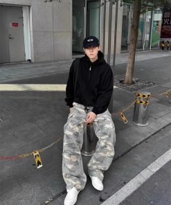 Light Yellow Camouflage Work Pants for Men - Casual Straight-Leg Wide-Leg Trousers, Spring Autumn American Streetwear Fashion