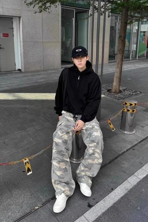 Light Yellow Camouflage Work Pants for Men - Casual Straight-Leg Wide-Leg Trousers, Spring Autumn American Streetwear Fashion
