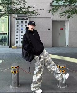 Light Yellow Camouflage Work Pants for Men - Casual Straight-Leg Wide-Leg Trousers, Spring Autumn American Streetwear Fashion