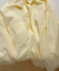 Light Yellow Cotton Long Sleeve Shirt for Women - Loose-Fitting, Versatile, Slimming Top for Spring/Summer 2025 Fashion