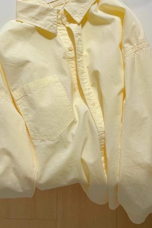 Light Yellow Cotton Long Sleeve Shirt for Women - Loose-Fitting, Versatile, Slimming Top for Spring/Summer 2025 Fashion