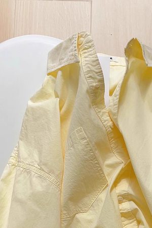 Light Yellow Cotton Long Sleeve Shirt for Women - Loose-Fitting, Versatile, Slimming Top for Spring/Summer 2025 Fashion