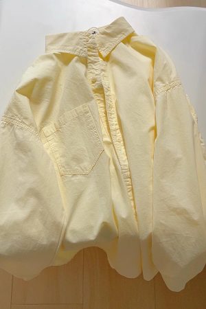 Light Yellow Cotton Long Sleeve Shirt for Women - Loose-Fitting, Versatile, Slimming Top for Spring/Summer 2025 Fashion