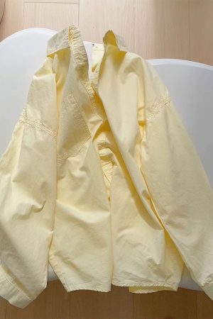 Light Yellow Cotton Long Sleeve Shirt for Women - Loose-Fitting, Versatile, Slimming Top for Spring/Summer 2025 Fashion