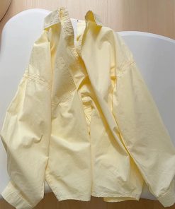 Light Yellow Cotton Long Sleeve Shirt for Women - Loose-Fitting, Versatile, Slimming Top for Spring/Summer 2025 Fashion