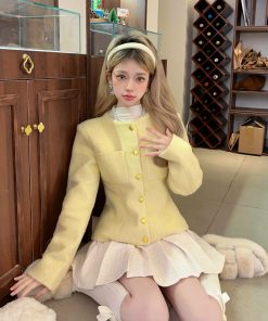 Light Yellow Round Neck Slim Cardigan Top - Elegant Sweet Style for Spring & Autumn, Campus Fashion Essential