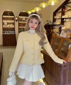 Light Yellow Round Neck Slim Cardigan Top - Elegant Sweet Style for Spring & Autumn, Campus Fashion Essential