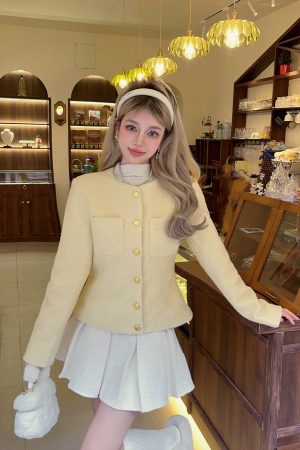 Light Yellow Round Neck Slim Cardigan Top - Elegant Sweet Style for Spring & Autumn, Campus Fashion Essential