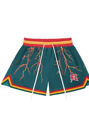 Lightning Mesh Print Summer Shorts for Couples - Vintage American Style, Double Layer, Ultra Heavy, Loose Fit, High Street Fashion
