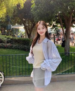 Lightweight Blue Striped Long Sleeve Shirt Jacket for Women - Casual Summer Sun Protection Top, Loose Fit for Effortless Style