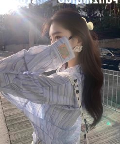 Lightweight Blue Striped Long Sleeve Shirt Jacket for Women - Casual Summer Sun Protection Top, Loose Fit for Effortless Style