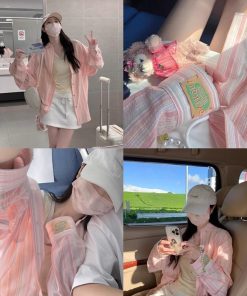 Lightweight Blue Striped Long Sleeve Shirt Jacket for Women - Casual Summer Sun Protection Top, Loose Fit for Effortless Style