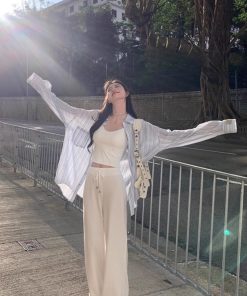 Lightweight Blue Striped Long Sleeve Shirt Jacket for Women - Casual Summer Sun Protection Top, Loose Fit for Effortless Style