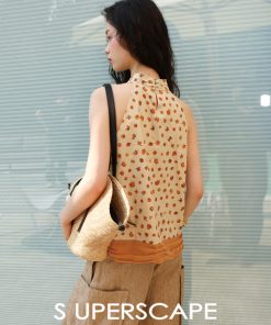 Lightweight Breathable Cotton Ruched Halter Top with Printed Patchwork - Stylish Summer Essential