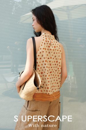 Lightweight Breathable Cotton Ruched Halter Top with Printed Patchwork - Stylish Summer Essential