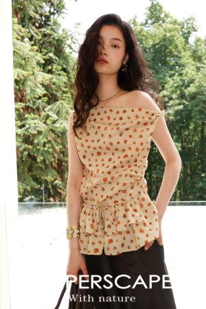 Lightweight Breathable Orange Floral Print Off-Shoulder Lace Knot Waist Top - Pure Cotton Summer Style